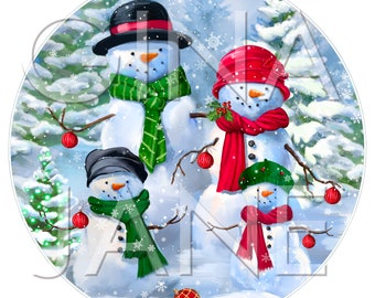 May include: A family of three snowmen standing in a snowy forest. The snowmen are wearing hats, scarves, and have red and green ornaments. The snowmen are surrounded by snow and pine trees.