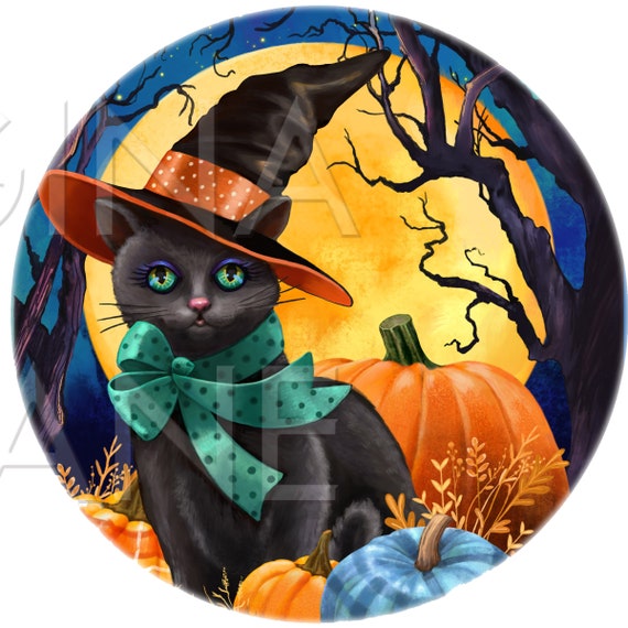 ハロウィンの黒猫魔女とカボチャと満月 ヴィンテージスタイル プリント