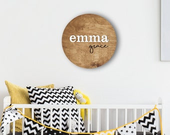 Round wood nursery name sign| above crib sign baby shower gift| name sign for nursery girl boy|  nursery decor