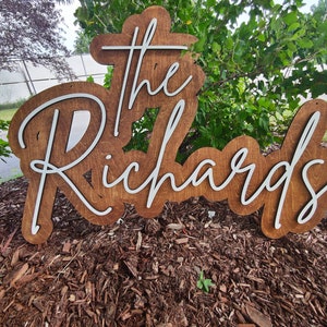 Pode incluir: Uma placa de madeira com as palavras "The Richards" escritas em letras brancas cursivas.