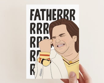 May include: A greeting card featuring a cartoon illustration of a person with brown hair wearing a white blazer and a yellow shirt with red and orange stripes. The person is crying with a fist raised. The text FATHERRR RRR RRR R is printed in black.