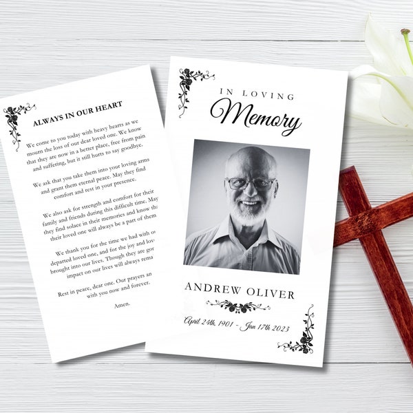 Diseño de plantilla de tarjeta funeraria minimalista Tarjeta de oración funeraria editable tarjeta de oración conmemorativa imprimible canva tarjeta de masa funeraria editable para hombres