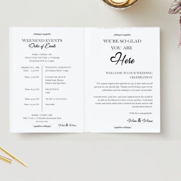 Minimalist Modern Wedding Order of Event Weekend Events template Simple Wedding printable wedding order of day editable wedding organizer