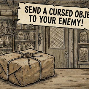 May include: An illustration of a wrapped package tied with twine and sealed with wax. The text "SEND A CURSED OBJECT TO YOUR ENEMY!" is above the package. Shelves filled with jars and bottles are in the background.