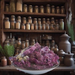 Könnte beinhalten: Eine Schüssel gefüllt mit getrockneten violetten Blütenknospen. Die Schüssel steht auf einem Holzregal mit vielen Glasbehältern, die mit Kräutern und Gewürzen gefüllt sind.