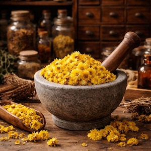Puede incluir: Un mortero y una maja de piedra llenos de flores amarillas brillantes, junto a una cuchara de madera con más flores. La escena está ambientada en una mesa de madera rústica, con tarros y cajones en el fondo, sugiriendo un espacio de herboristería.