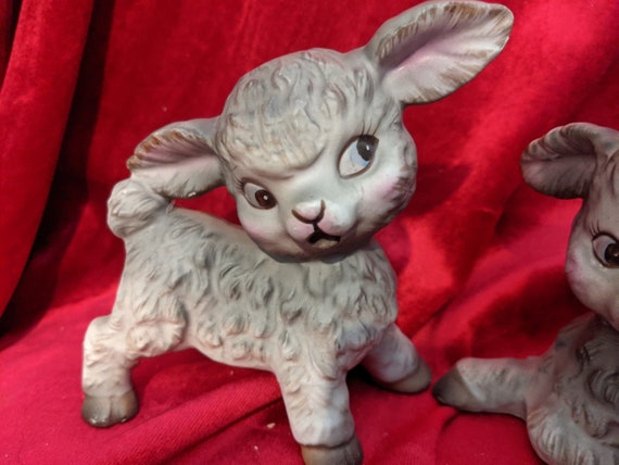 Set of Vintage Lefton Ceramic Lambs Rare design Vintage Nurseryware