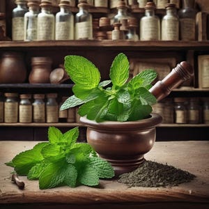 May include: A wooden mortar and pestle with fresh green mint leaves inside. The mortar and pestle are sitting on a wooden table with a pile of dried herbs in the foreground.