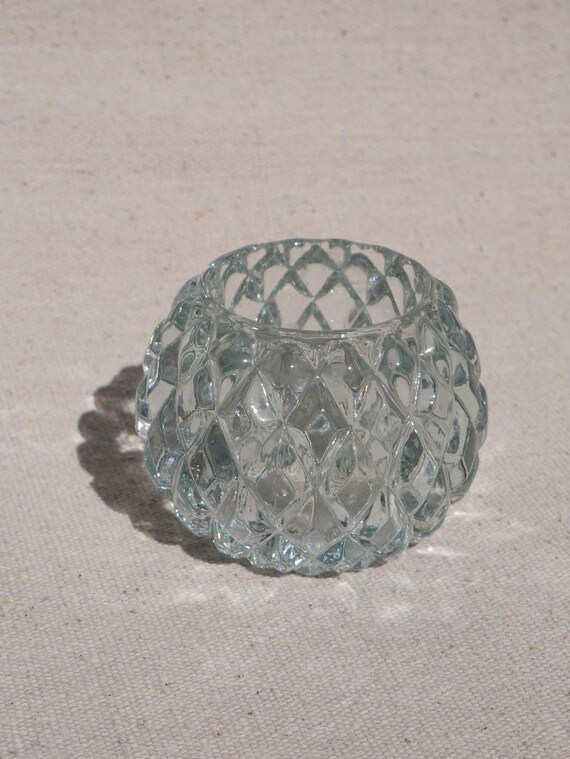Pair of Glass Vintage Tea Light Candleholder Rockport Pattern Clear Votive Diamond Design  || Glass Tableware Sustainably Acquired