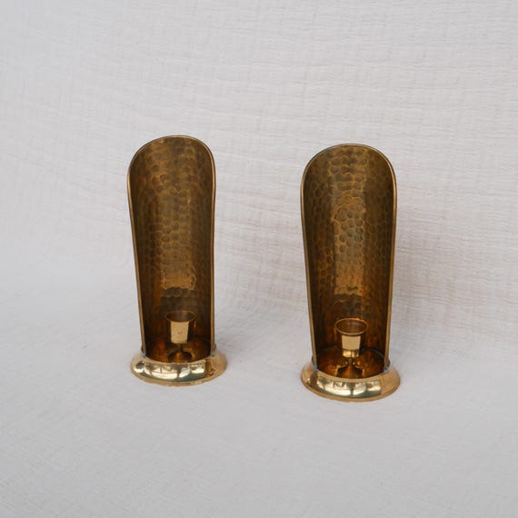 Set of Two Brass Tone Hammered Reflective Concave Wall Sconces, Made In India