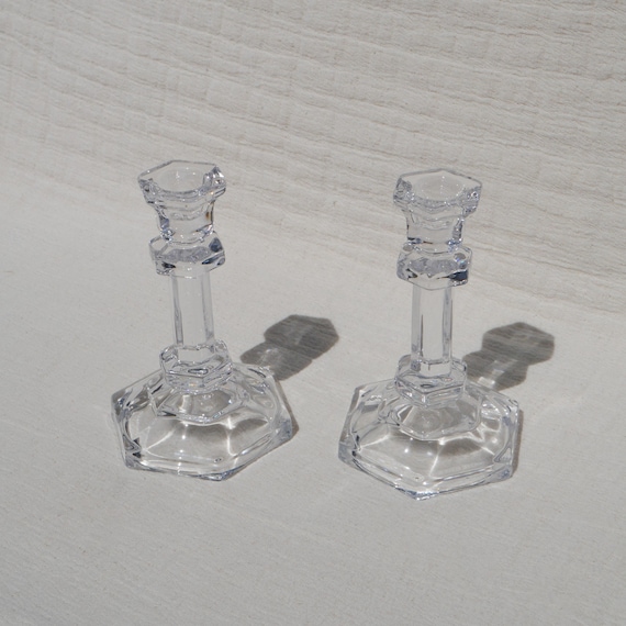 Vintage Glass Geometric Candle Holder, Set of Two