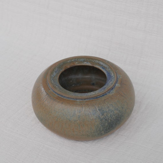 Glazed Pottery Low Round Vase | Brownish Greenish Blue | 3" x 5"
