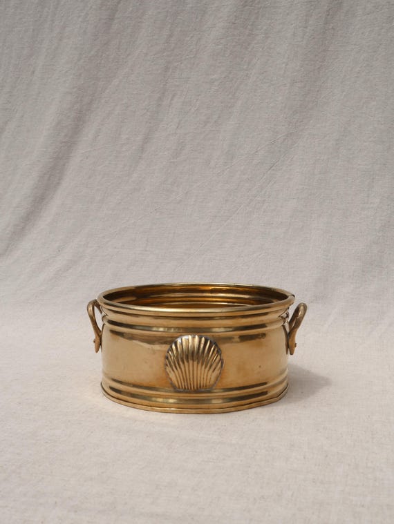 Shell Jardiniere – MCM Brass Cachepot With Handles – 1970s