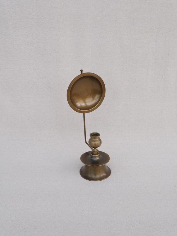 Rare Antique Brass Metal MCM Candle Holder With Concave Reflector Back