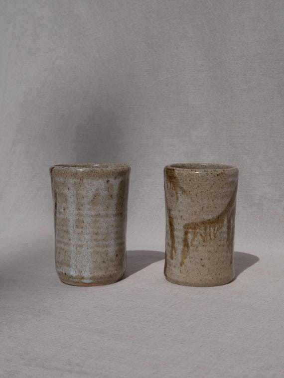Studio Art Pottery Coffee Tumbler Tan and Brown Mug, Set of Two