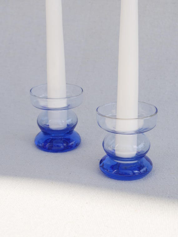 Pair of Azul Handblown Glasses Candle Base | Subtle Blue Petite Vintage Candle Holder