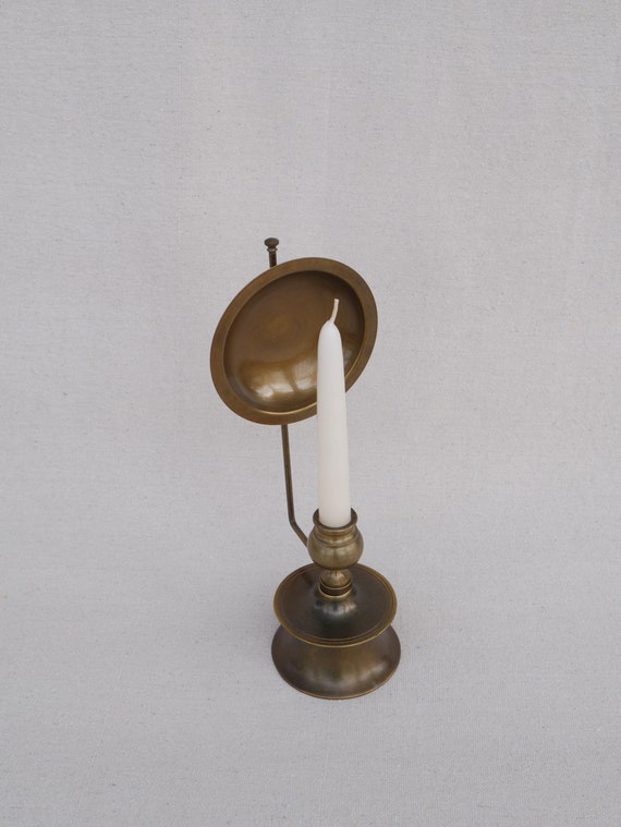 Rare Antique Brass Metal MCM Candle Holder With Concave Reflector Back