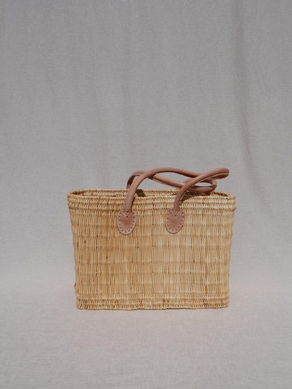 Handwoven Moroccan Cabas Basket | Natural Reed Storage Basket with Cactus Leather Handles