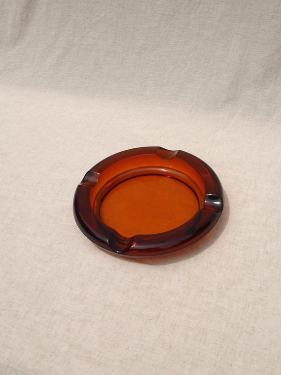 VTG Mid-Century Amber Glass Ashtray 8" Heavy Glass Collector’s Dish