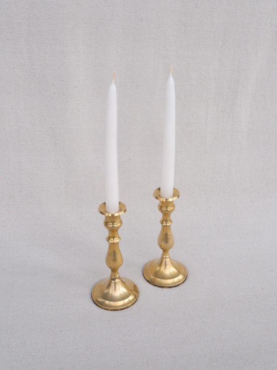 Pair of 19th Century Vintage Taper Candle Holders || Lightweight Bases || Gold Brass Candleholder || Sustainable Decor