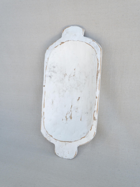 Hand-Carved Dough Wooden Trough Antique Wooden Wabi-Sabi Moss Bowl, Primitive White Beige
