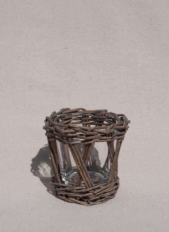 Set of Two, Handwoven Reed and Glass Tealight Vintage Votive Holder, Set of Two || Sustainably Sourced