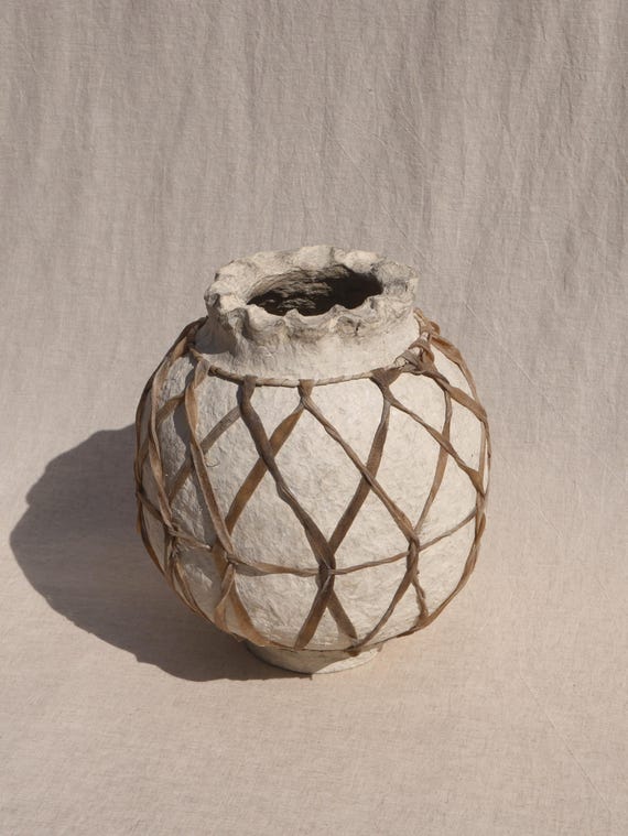 Scalloped Urn Edge Paper Mâche Vessel with Leather Netting