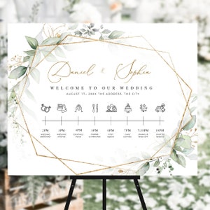 Greenery Wedding Timeline Sign Template, with Wedding Day Icons, Editable Wedding Timeline Poster, Templett Wedding Sign, Instant Download