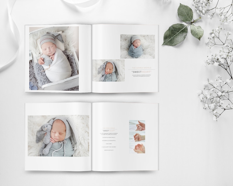 May include: A photo album with a white cover and a white background. The album is open to a page with a photo of a baby in a white and gray swaddle. The baby is holding a stuffed animal. The next page has a photo of the baby in a gray and white swaddle. The page also has the text "The lovely arrival "SWEETHEART"".