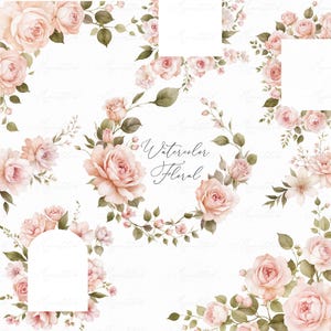 Bundle floral Rose vieux rose aquarelle, cadres de luxe bordures couronnes PNG, cadres géométriques de fleurs, mégapack de cliparts d'invitation de mariage