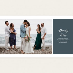 Puede incluir: Un &aacute;lbum de fotos de boda con una escena de playa, una novia y un novio, y los invitados a la boda. El &aacute;lbum incluye el texto "Beauty bride" y una cita sobre el amor y los viajes. Un recuerdo de boda.