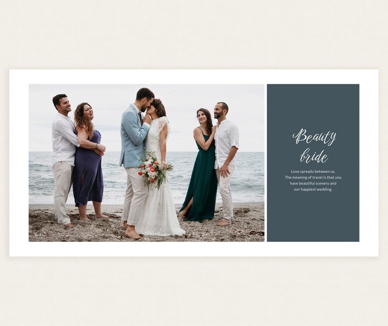 Puede incluir: Un &aacute;lbum de fotos de boda con una escena de playa, una novia y un novio, y los invitados a la boda. El &aacute;lbum incluye el texto "Beauty bride" y una cita sobre el amor y los viajes. Un recuerdo de boda.