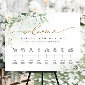 Greenery Wedding Timeline Sign Template, with Wedding Day Icons, Editable Wedding Timeline Poster, Templett Wedding Sign, Instant Download