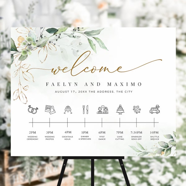 Greenery Wedding Timeline Sign Template, with Wedding Day Icons, Editable Wedding Timeline Poster, Templett Wedding Sign, Instant Download