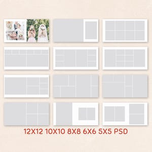 May include: A selection of wedding photo album templates in various sizes, including 12x12, 10x10, 8x8, 6x6, and 5x5 inches. Each template features a different layout with multiple photo placeholders. The image includes a collage of wedding photos and the text "PSD".