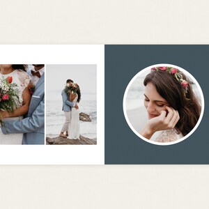 Puede incluir: Una p&aacute;gina doble de &aacute;lbum de fotos de boda con tres im&aacute;genes. Dos fotos muestran a una pareja abraz&aacute;ndose, una con un ramo de flores rosas y rojas. La tercera es un retrato de una mujer con una corona floral.