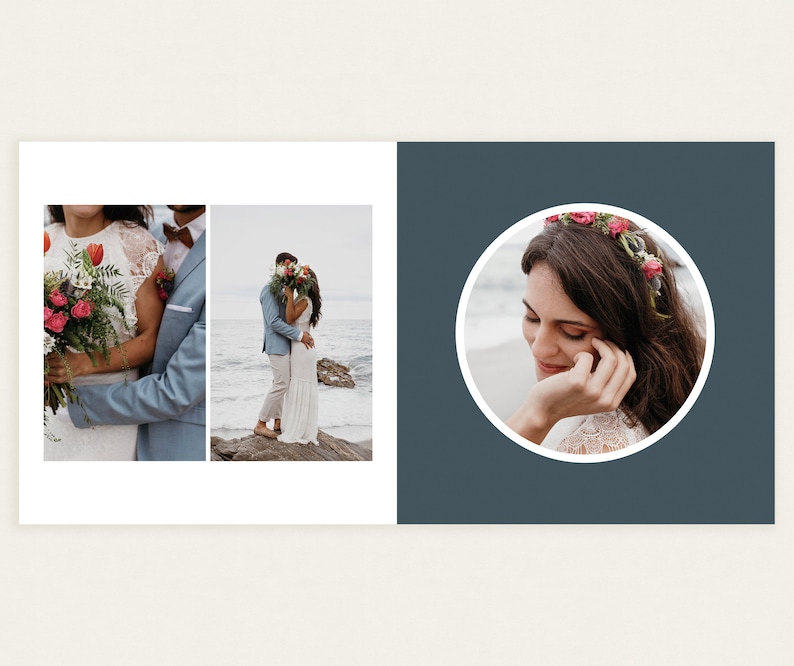 Puede incluir: Una p&aacute;gina doble de &aacute;lbum de fotos de boda con tres im&aacute;genes. Dos fotos muestran a una pareja abraz&aacute;ndose, una con un ramo de flores rosas y rojas. La tercera es un retrato de una mujer con una corona floral.