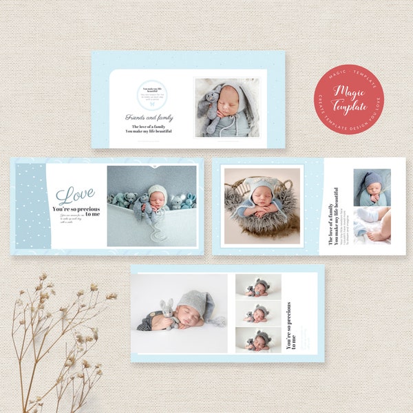 12x12 Blue Baby Photo Album Template, Baby Photo Book Template, Photography Album Template for Photoshop, accordion book template | BA50