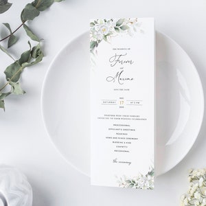 Witte bloem bruiloft programmakaart, witte roos bruiloft plankaart, groen en gouden trouwkaart, bloemen trouwkaart, bewerkbare DIY Templett