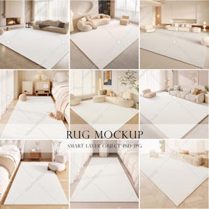 May include: A collection of nine interior room scenes featuring a blank rectangular white rug mockup. Each scene displays a different living room or bedroom setting with various furniture arrangements, showcasing the rug as a central element.