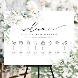 White Rose Wedding Timeline Sign Template,Editable Wedding Timeline Poster With Wedding Day Icons, Templett Wedding Sign, Instant Download