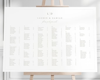 Monogram en rand bruiloft zitplaatsen grafiek, alfabetische zitplaatsen grafiek poster, diner bruiloft zitplaatsen grafiek teken, eenvoudig zitplaatsen grafiek teken