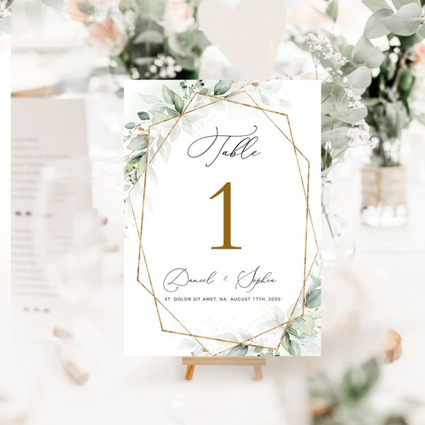 Greenery and gold Table Numbers Template Calligraphy Table Numbers,  5x7, 4x6,Instant Download, Templett, Editable & Printable