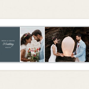 Puede incluir: Un collage de fotos de boda. El panel izquierdo tiene el texto "Bride & Groom Wedding Photo". Los paneles central y derecho muestran a los novios, con el panel derecho mostr&aacute;ndolos soltando una linterna brillante.