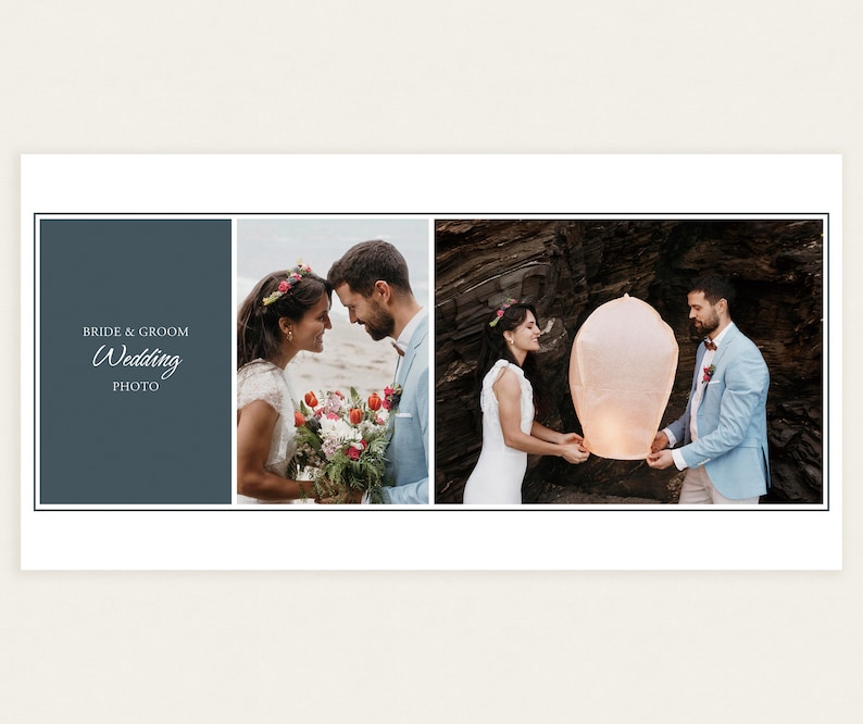 Puede incluir: Un collage de fotos de boda. El panel izquierdo tiene el texto "Bride & Groom Wedding Photo". Los paneles central y derecho muestran a los novios, con el panel derecho mostr&aacute;ndolos soltando una linterna brillante.