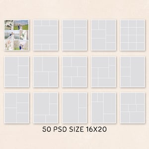May include: A collection of 15 gray photo collage templates with various layouts. The top left template displays a wedding photo collage. The text at the bottom reads "50 PSD SIZE 16X20".