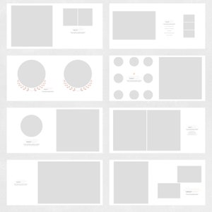 May include: A photo album template with 10 different layouts for photos. The layouts feature a variety of shapes and sizes for photos, including circles, squares, and rectangles. The template is designed for a scrapbook or photo album.