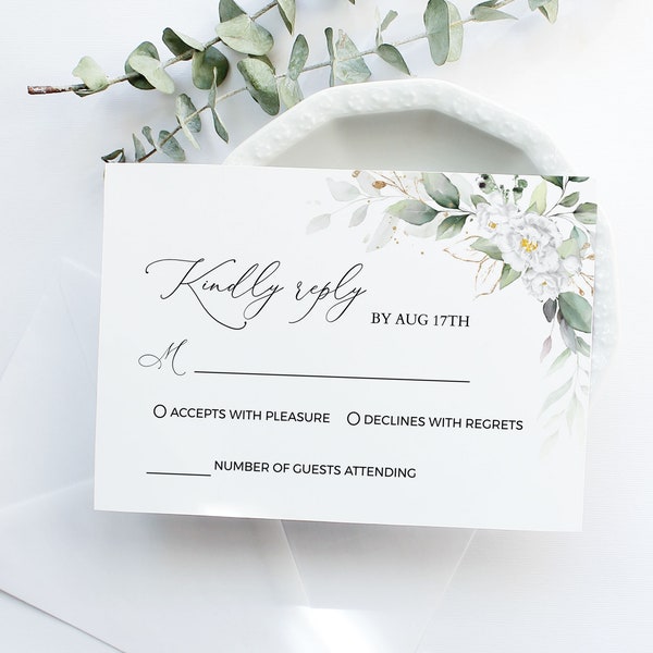 White Rose Wedding rsvp Card, White Flower Wedding Response Card, green and gold Response Card, Floral, Editable, DIY Templett