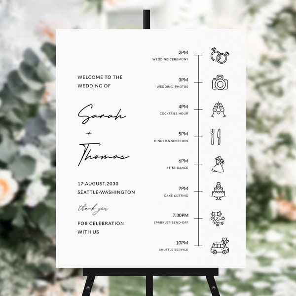 Minimal Script Wedding Timeline Board Template,  Simple Wedding TimelineTemplate, Printable Timeline Wedding Sign, Wedding Program Template