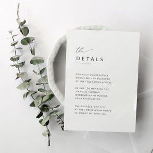 Modelo de cartão de detalhes de casamento moderno mínimo, cartão de detalhes de casamento simples, convite de inserção de cartão de detalhes, cartão de detalhes minimalista